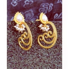 Spiral Pearl Studded Gold Dangler Earrings